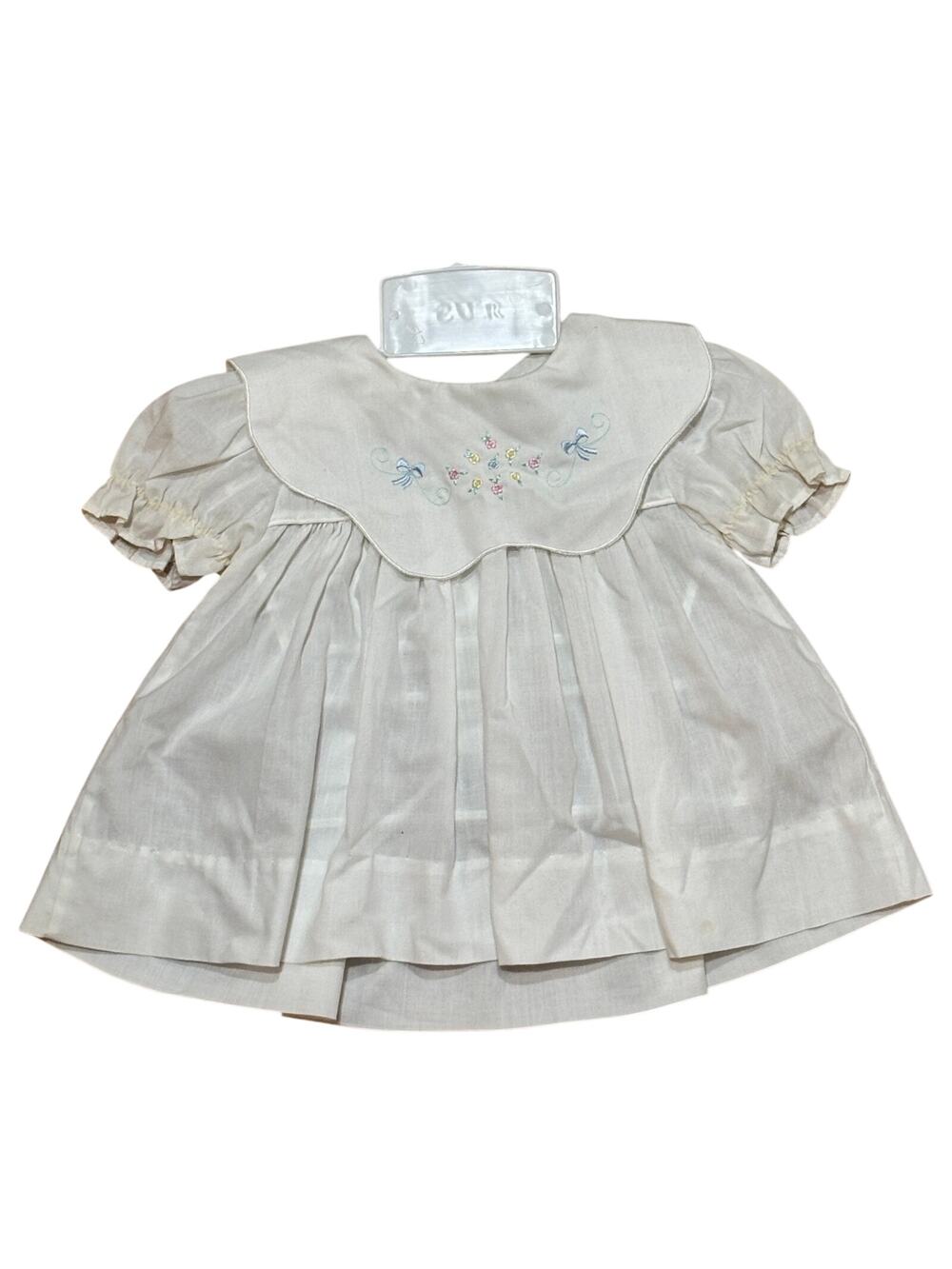 VTG Newborn Preemie Baby Dress 6-10 Lbs White Floral Pastel Embroidery USA Made